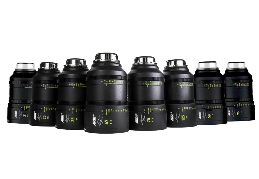Several black camera lenses with silver tops arranged in a group.
