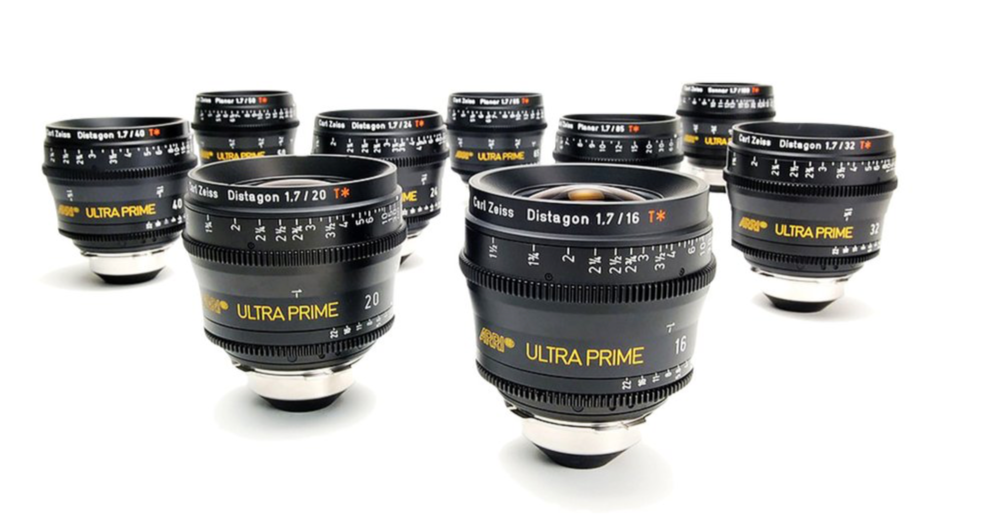 Nine black Carl Zeiss Ultra Prime camera lenses on a white background.