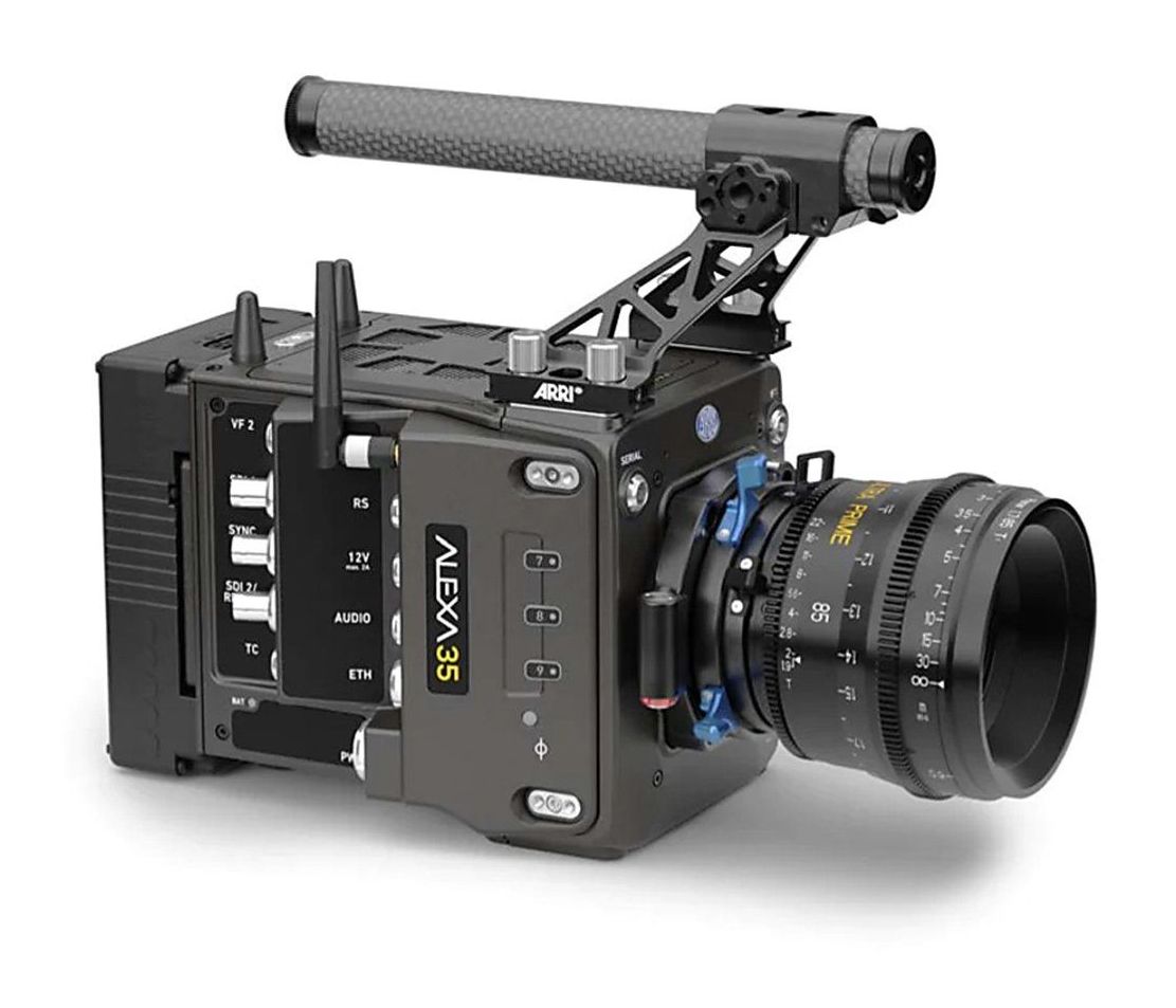 Dark gray Arri Alexa 35 cinema camera with attached lens and top handle.