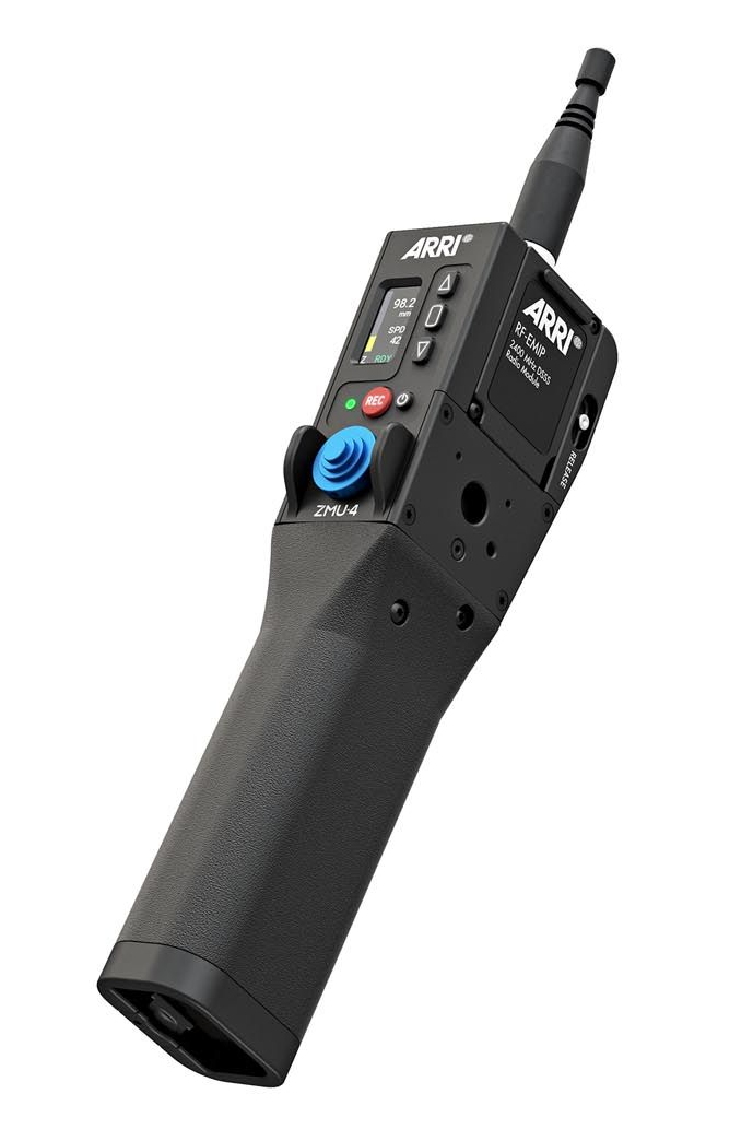 Black, handheld Arri WCU-4 wireless lens control unit with antenna, buttons, and display.