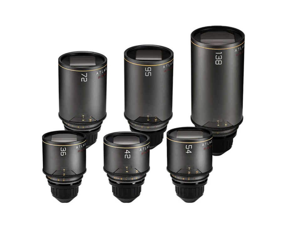 Six black camera lenses with gold markings, arranged on a white background.