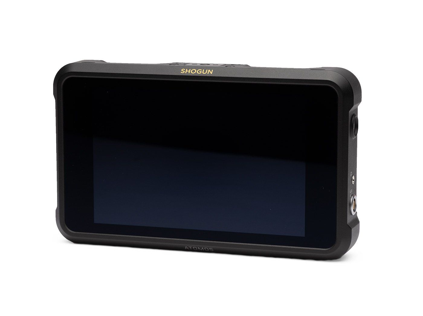 Black video monitor with a rugged frame, displaying a dark screen.