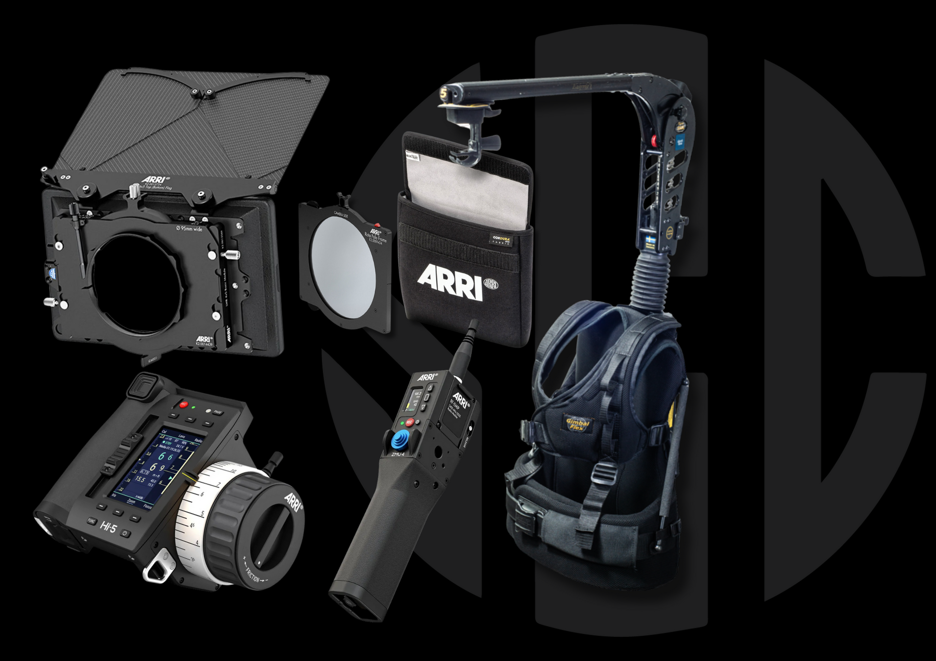Various professional filmmaking equipment, including a matte box, monitor, remote, and stabilizer.