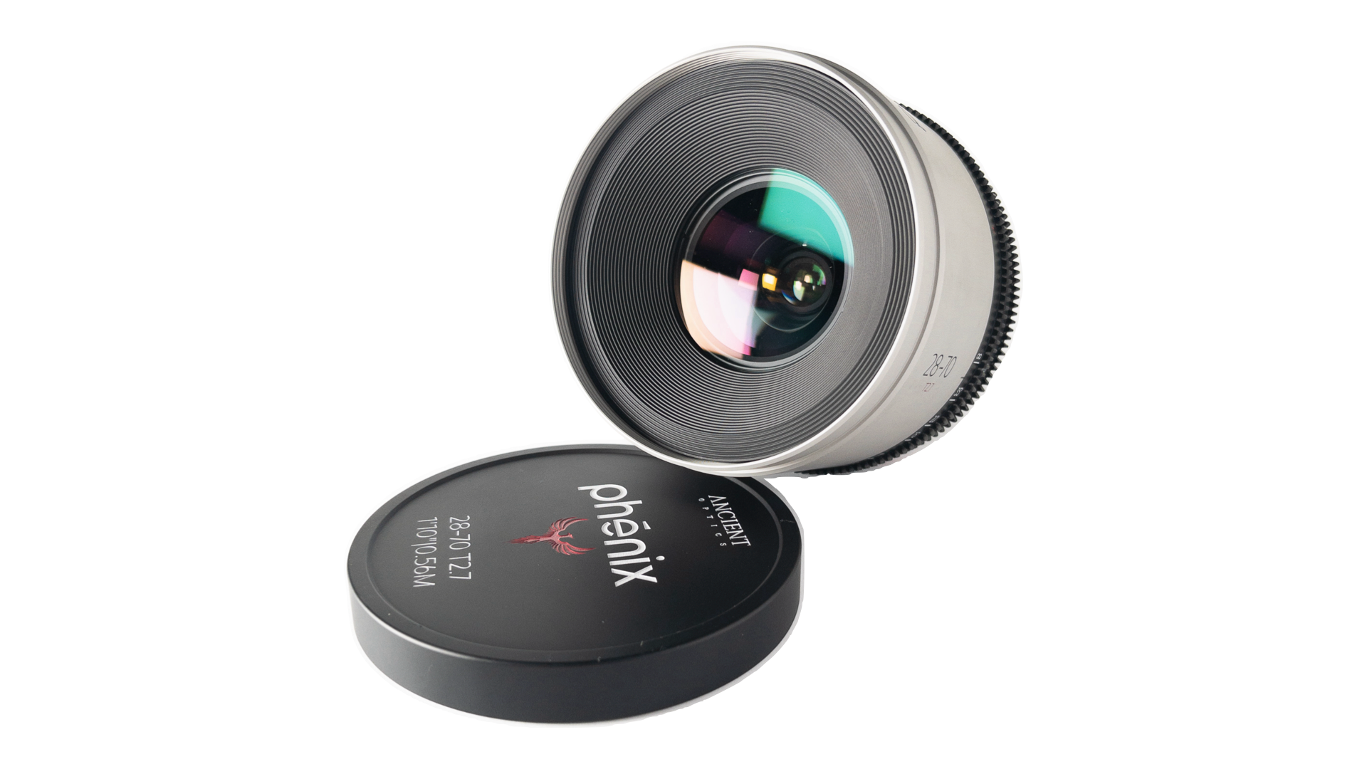 A close-up of a white and black cinema lens with the 