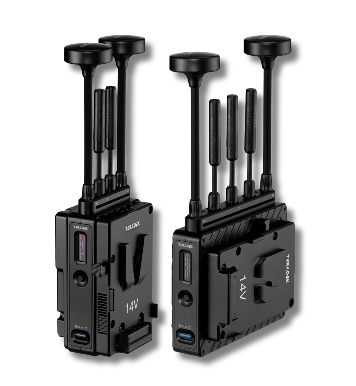 Two black wireless video transmitters with antennas.
