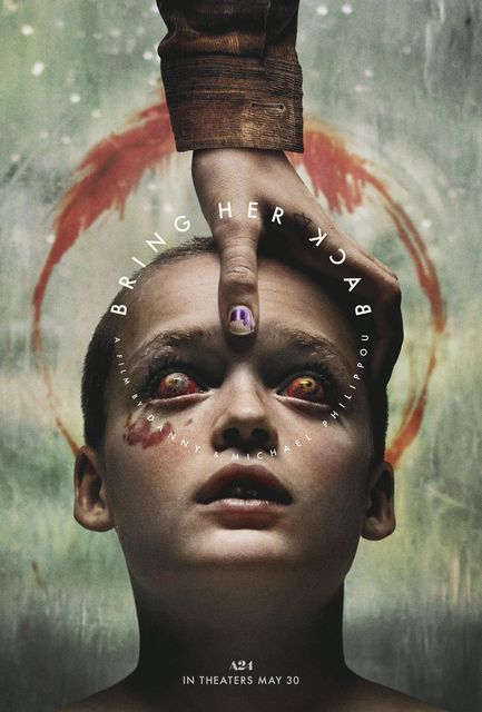 A person's face with glowing eyes, hand touching forehead, red halo, text: "Bring Her Back".