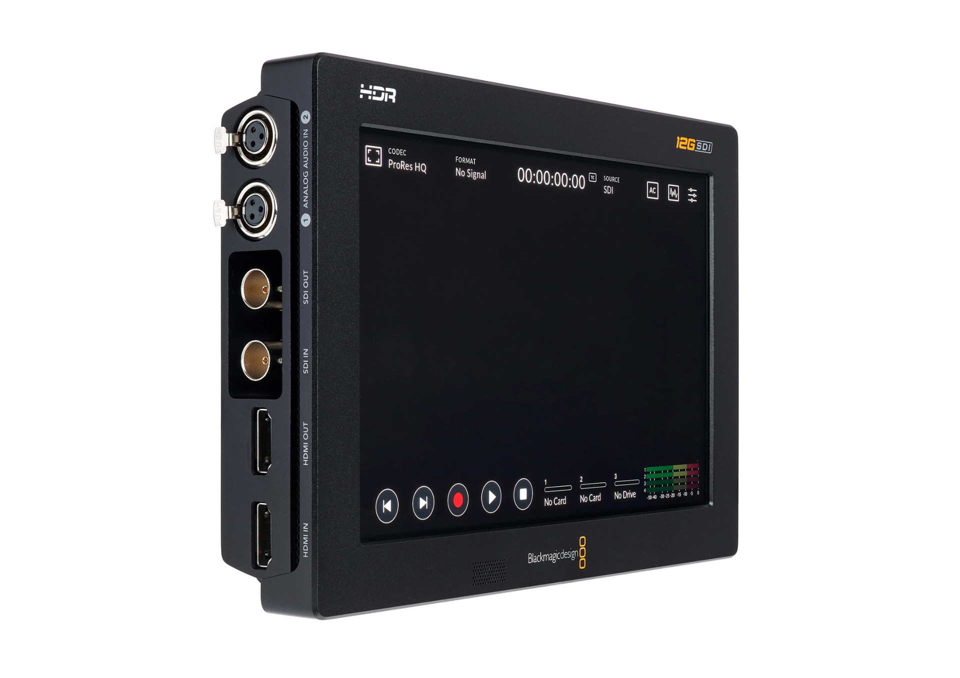 Blackmagic Design video monitor, black, with interface buttons and ports on the side.