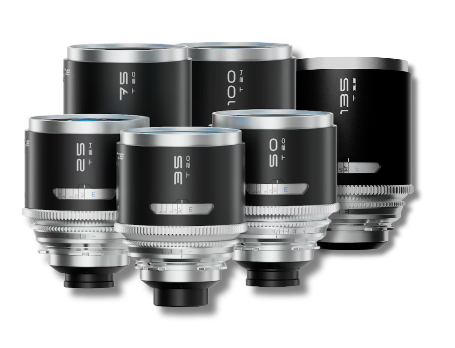 Set of six professional camera lenses with black bodies and silver details.