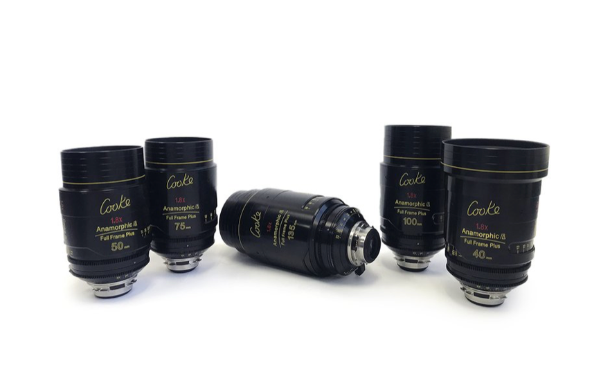 Five black camera lenses with gold lettering on a white background. One lens is lying down.