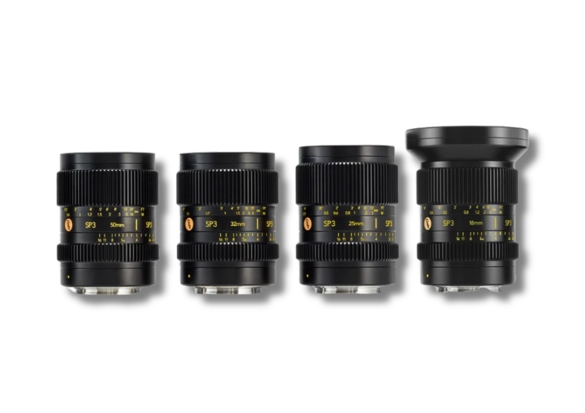 Four black camera lenses arranged in a row. They are cylindrical with ribbed exteriors and numbered focus rings.