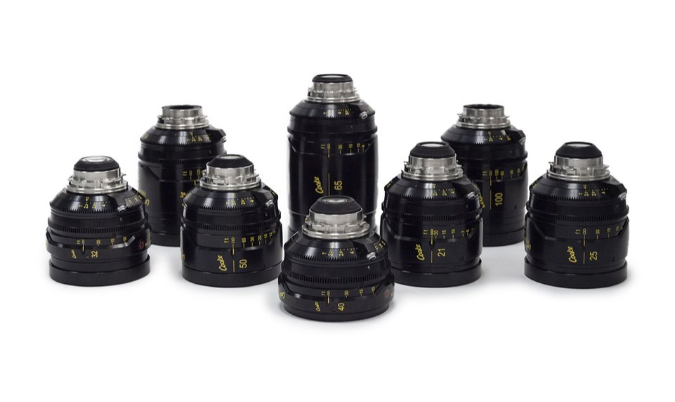 A collection of black camera lenses with silver and gold details, arranged on a white background.