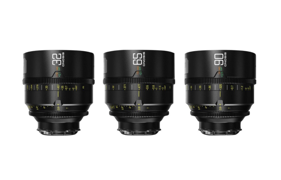 Three black cinema lenses with focal lengths 32mm, 65mm, and 90mm, arranged side-by-side.