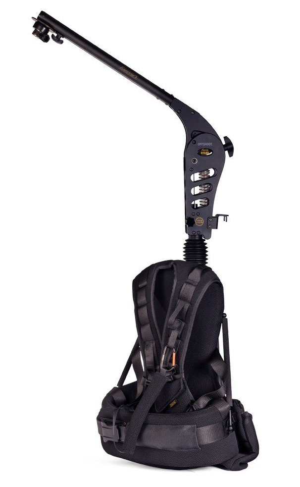 Black camera stabilizer rig attached to a backpack harness.