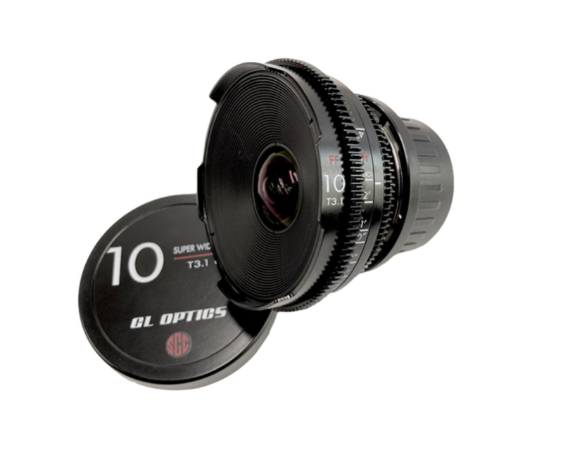 Black BL Optics cinema lens, lid next to it, on a white background.