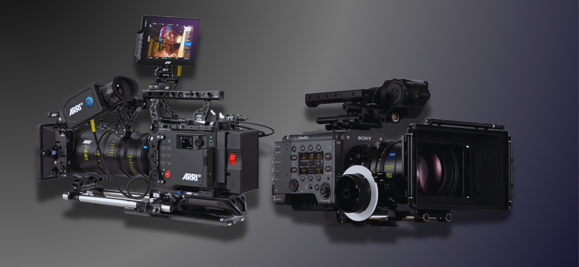 Two professional film cameras with lenses and accessories, on a gradient background.