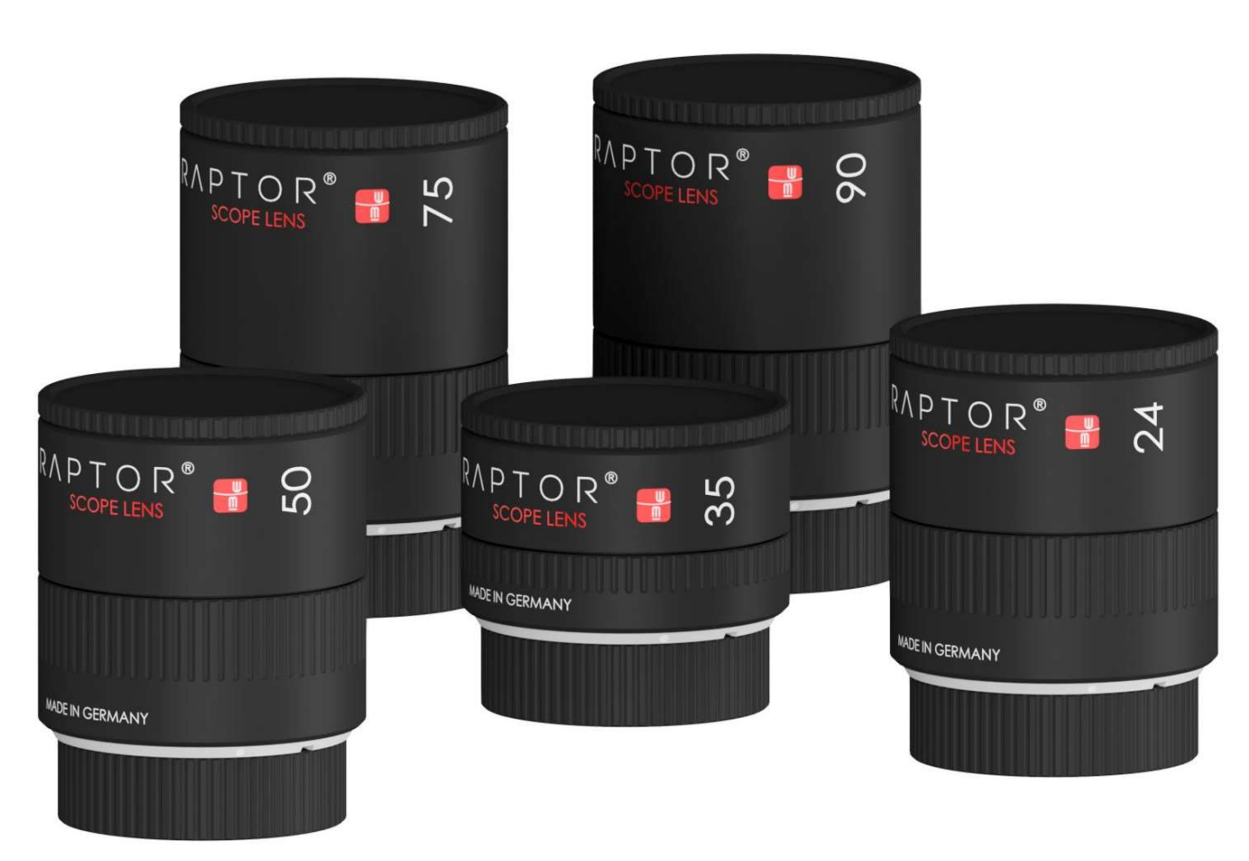 Black and silver camera lens with yellow markings and a curved design.