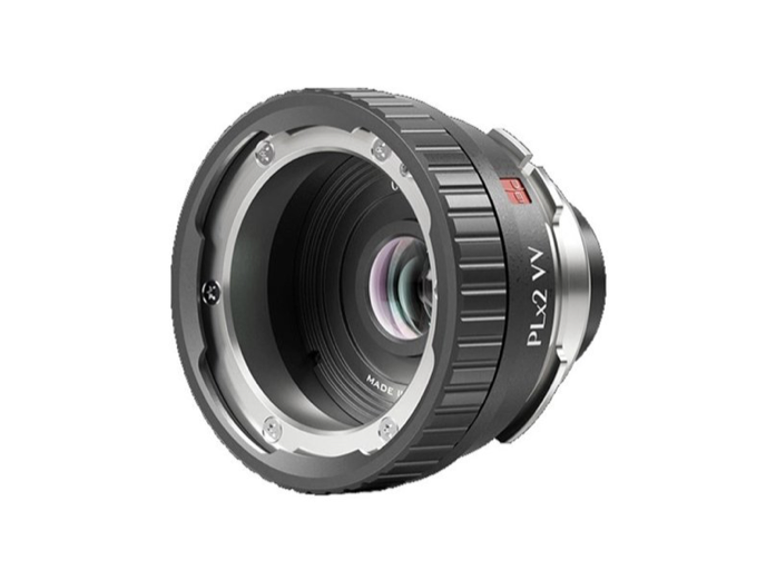 Black PL mount lens adapter with ribbed grip and red button.