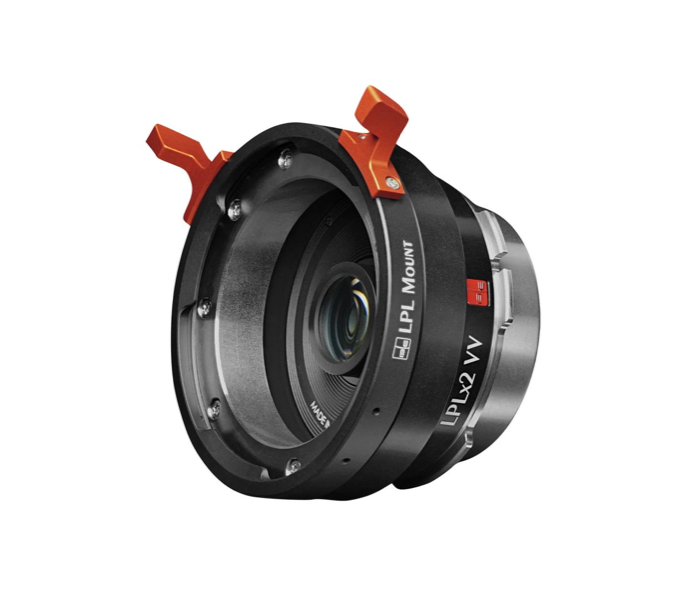 Black LPL lens mount with orange locking levers, labeled 