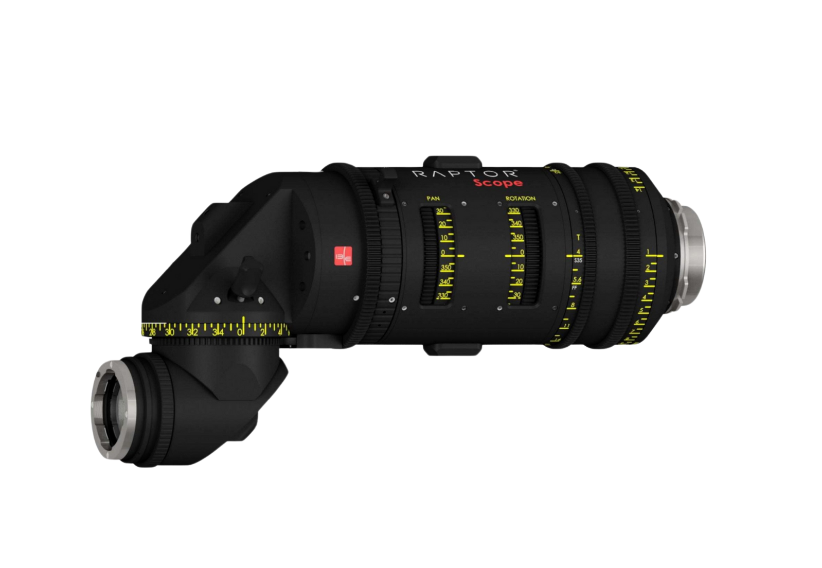 Black and silver camera lens with yellow markings and a curved design.