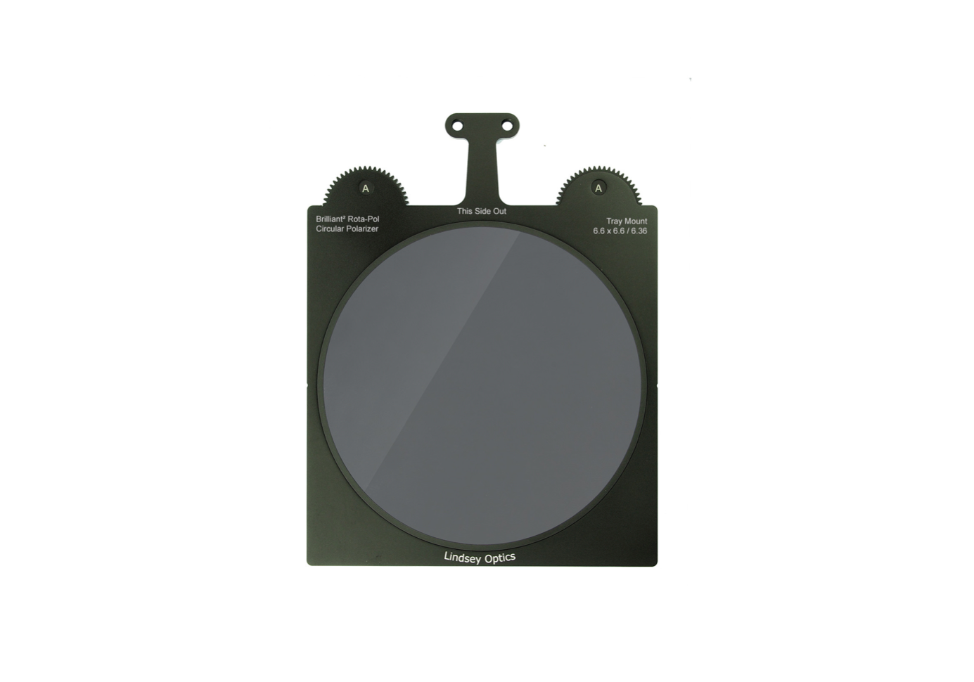 Dark gray circular lens filter in a square holder.