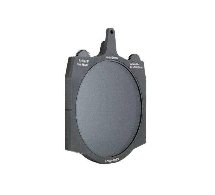 Black rectangular camera filter with round dark glass, labeled with text.