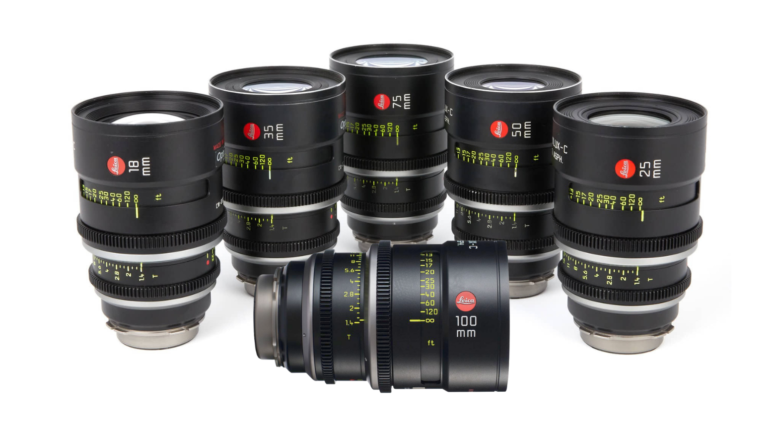 A collection of six black Leica cine lenses, arranged in a semicircle.