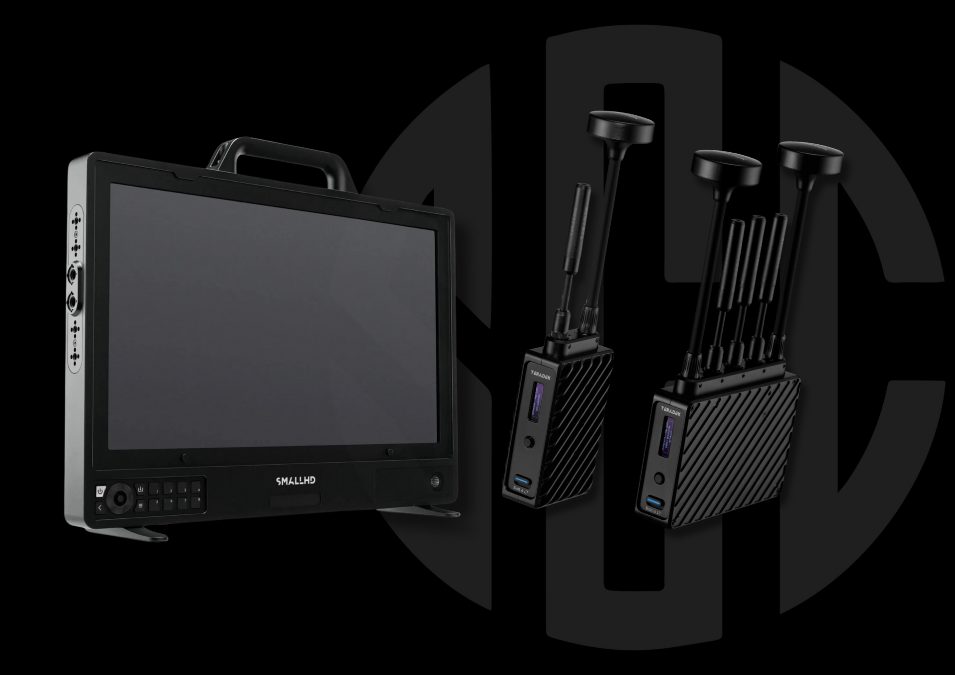 Black screen and two antenna devices on black background.