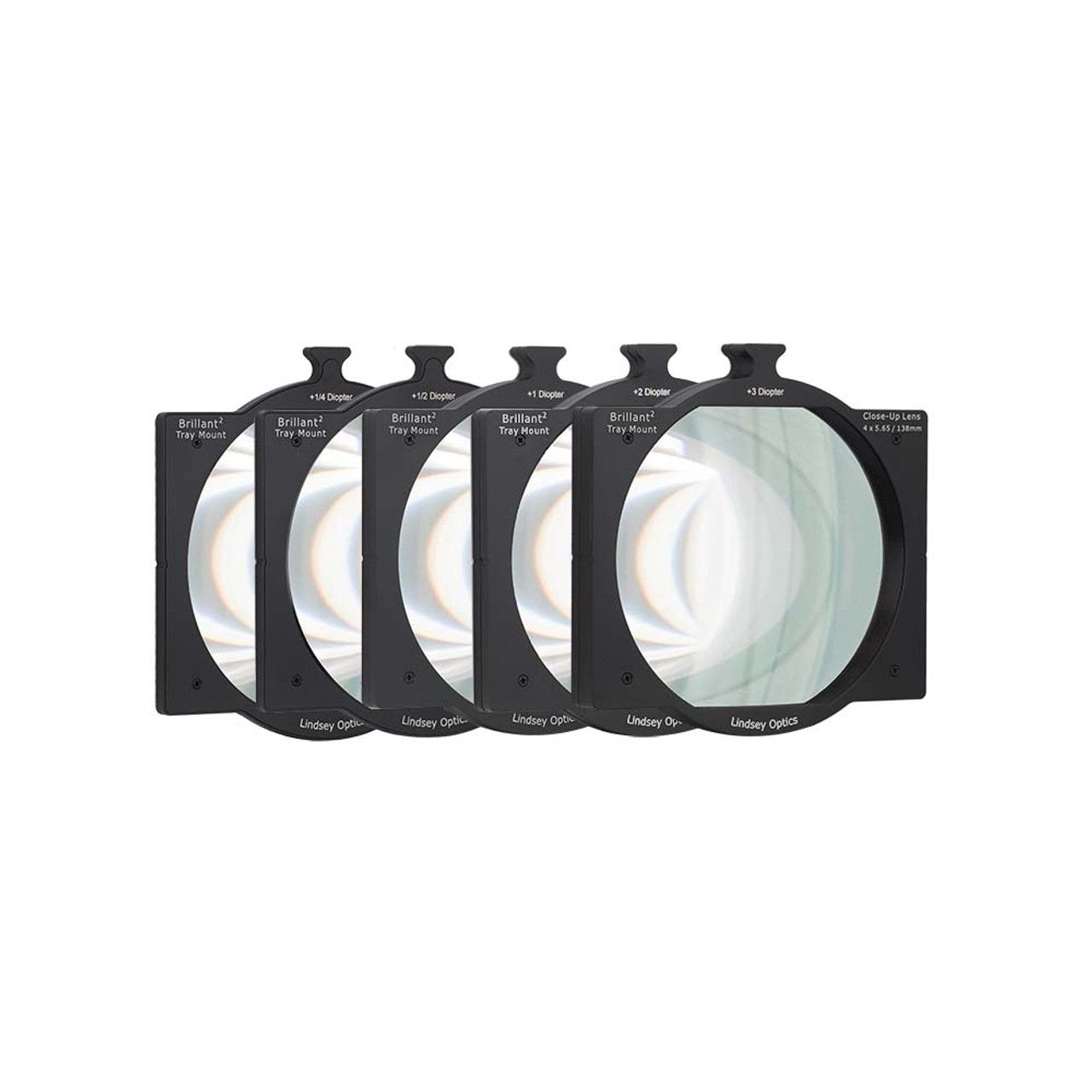 Five square, black camera lens filters with circular glass elements.