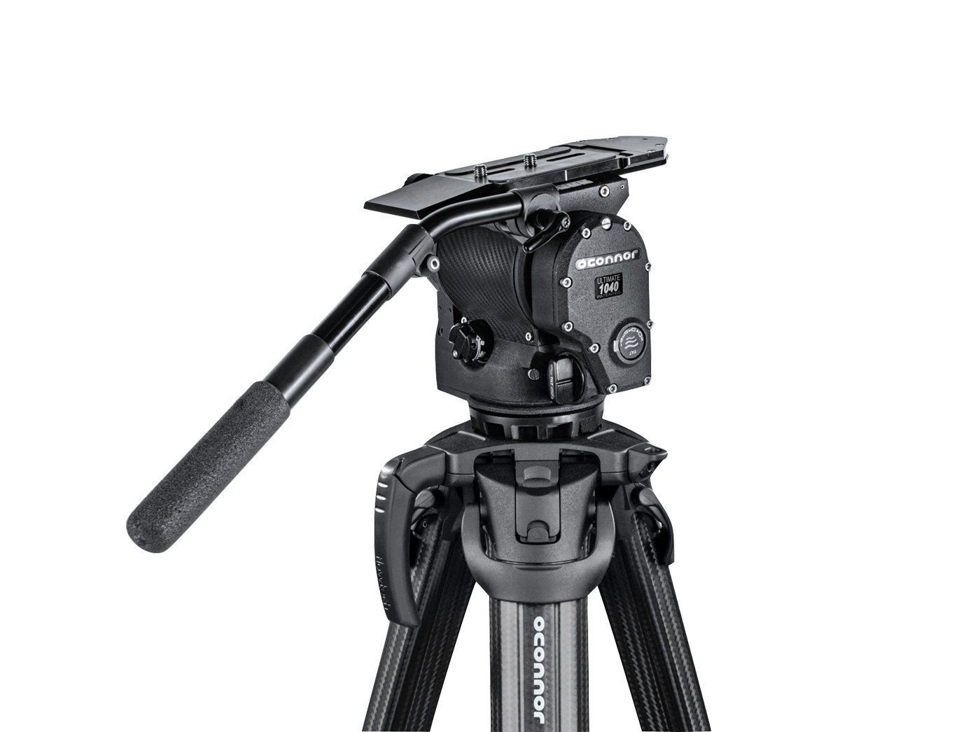 Black video tripod with fluid head and handle.