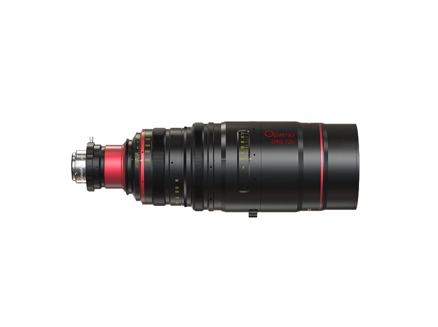 Black and red cinema lens against a white background; cylindrical shape with various rings and markings.