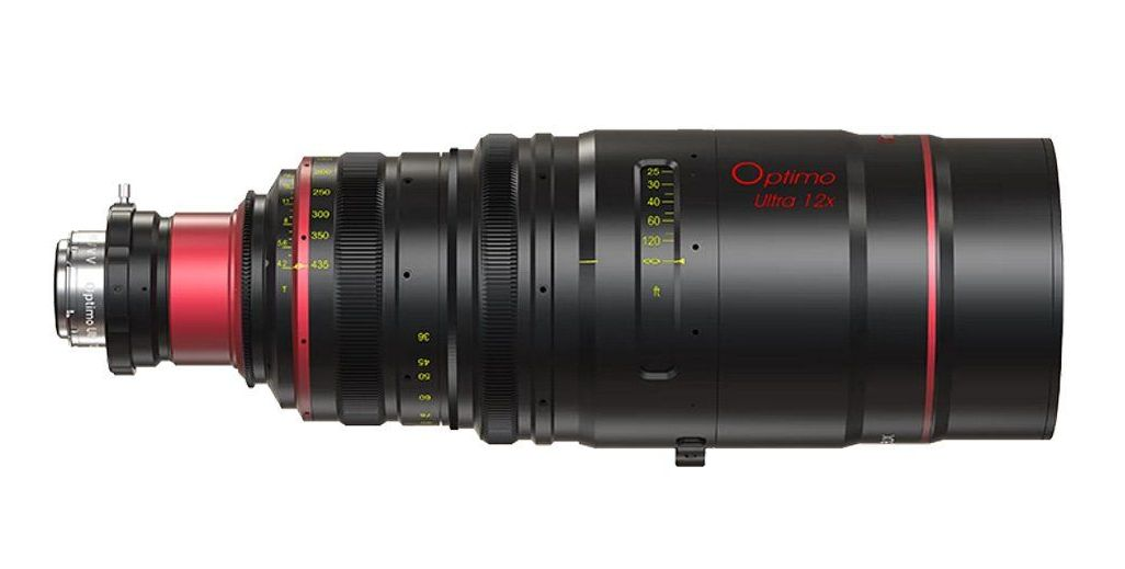 Black and red cinema lens with focus and aperture rings.