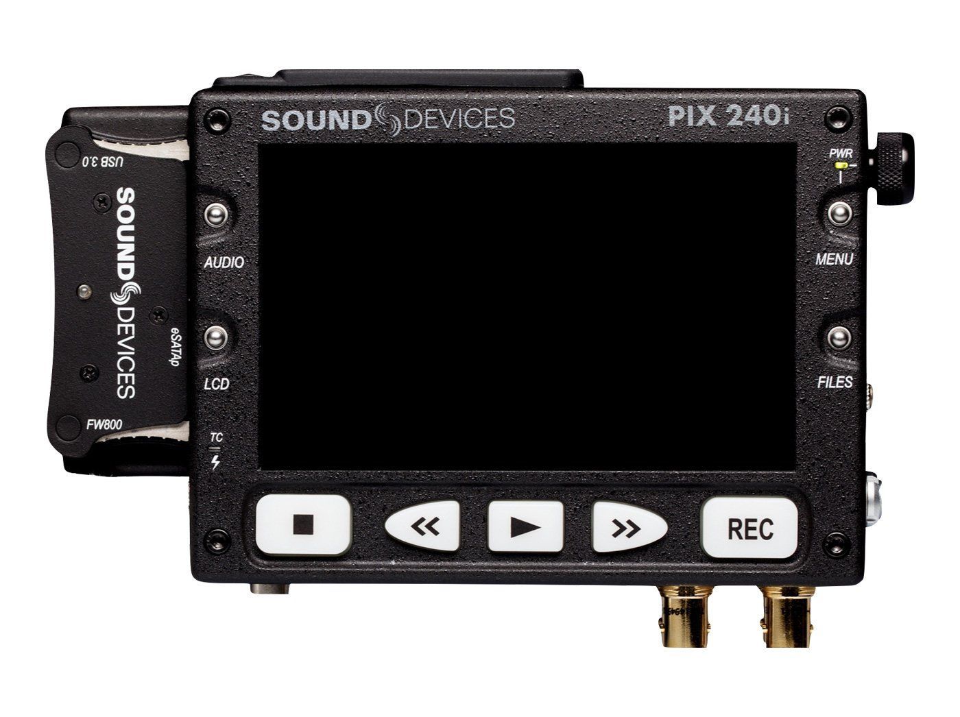 Sound Devices PIX 240i video recorder with buttons and screen. Dark color, text on the side, BNC connectors.
