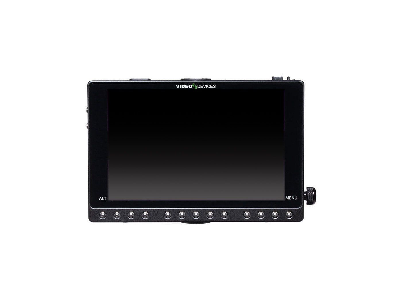 Black video monitor with control buttons along the bottom edge, on a white background.