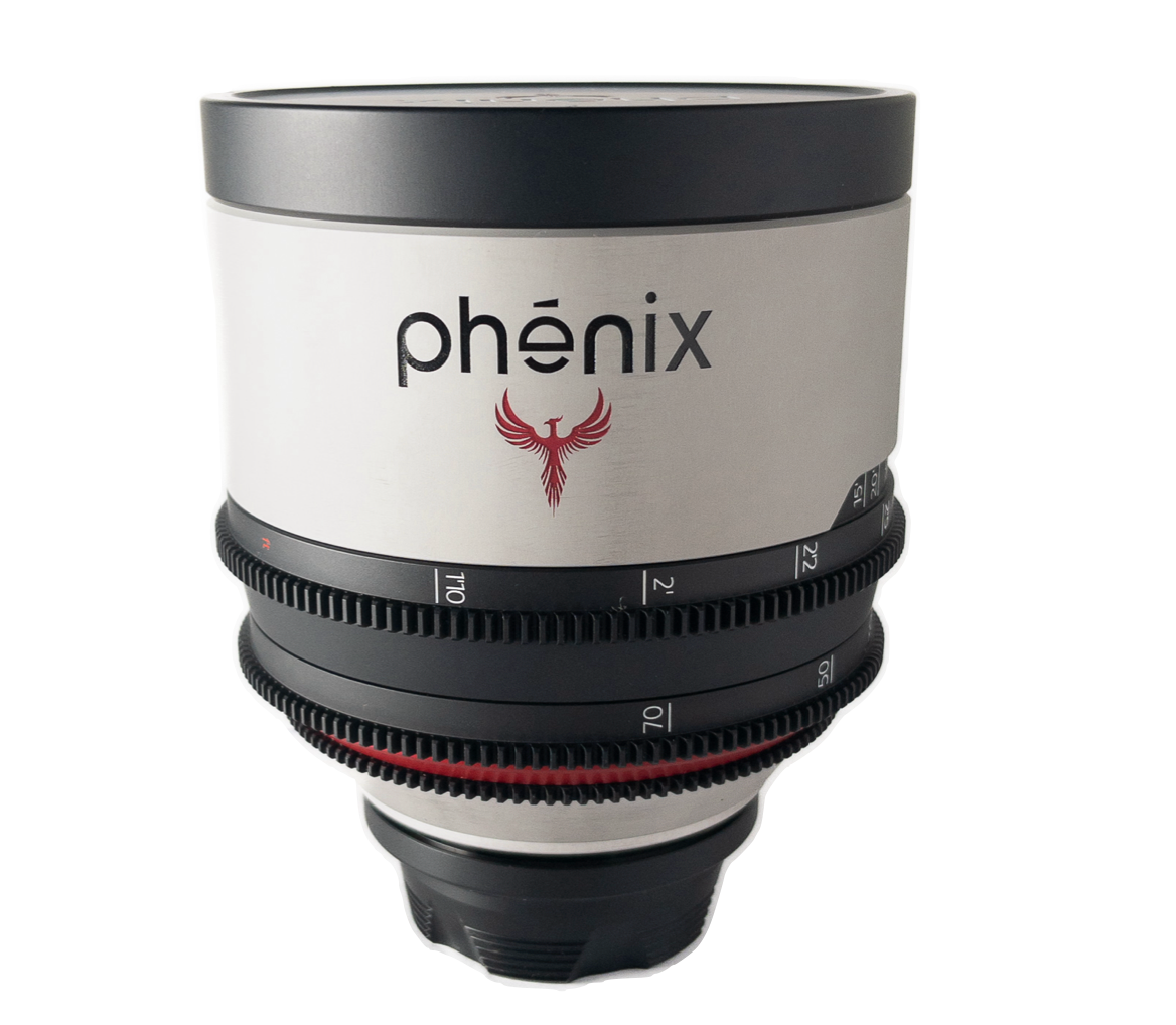 A close-up of a white and black cinema lens with the 
