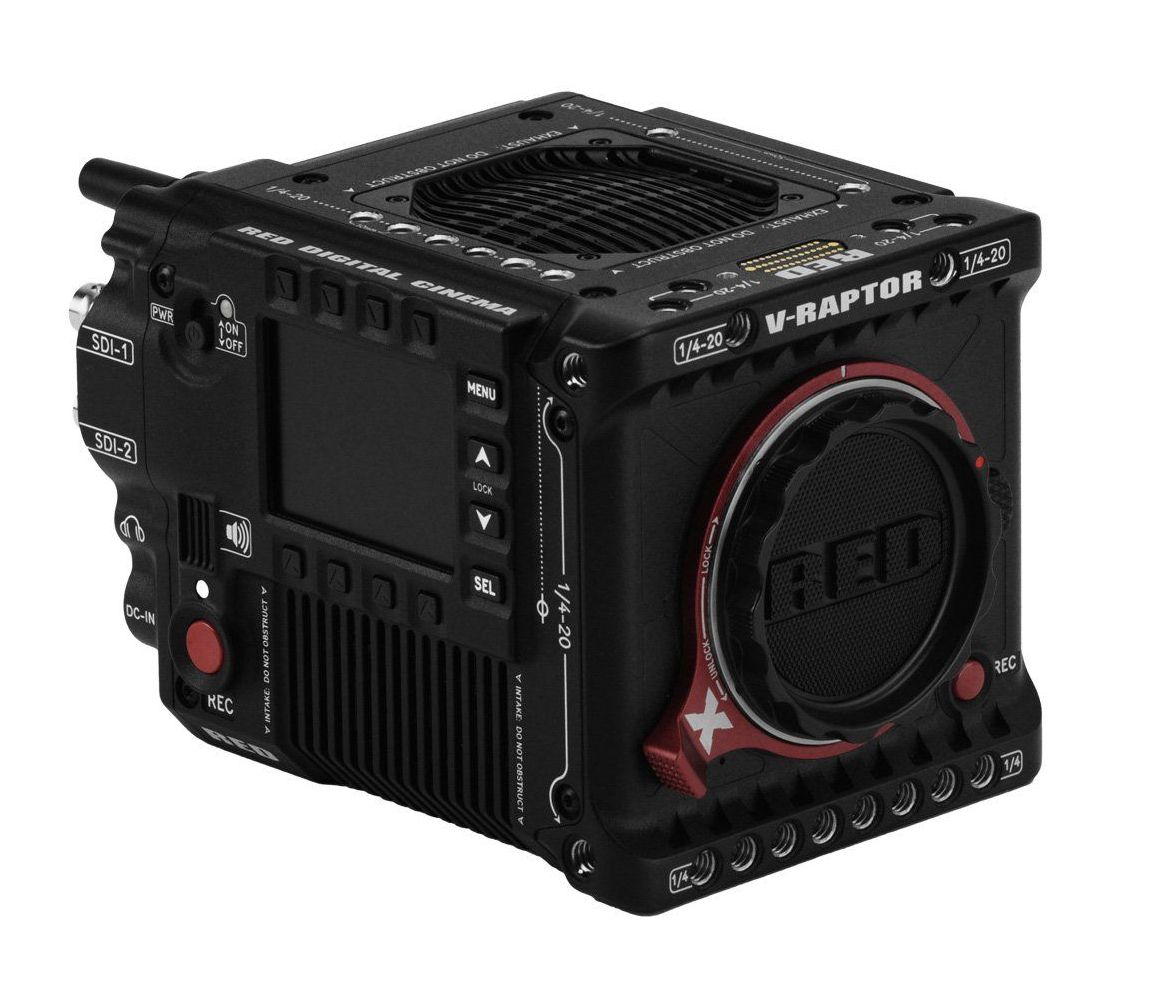 Black RED V-RAPTOR XL 8K cinema camera, featuring a large lens mount and numerous ports.