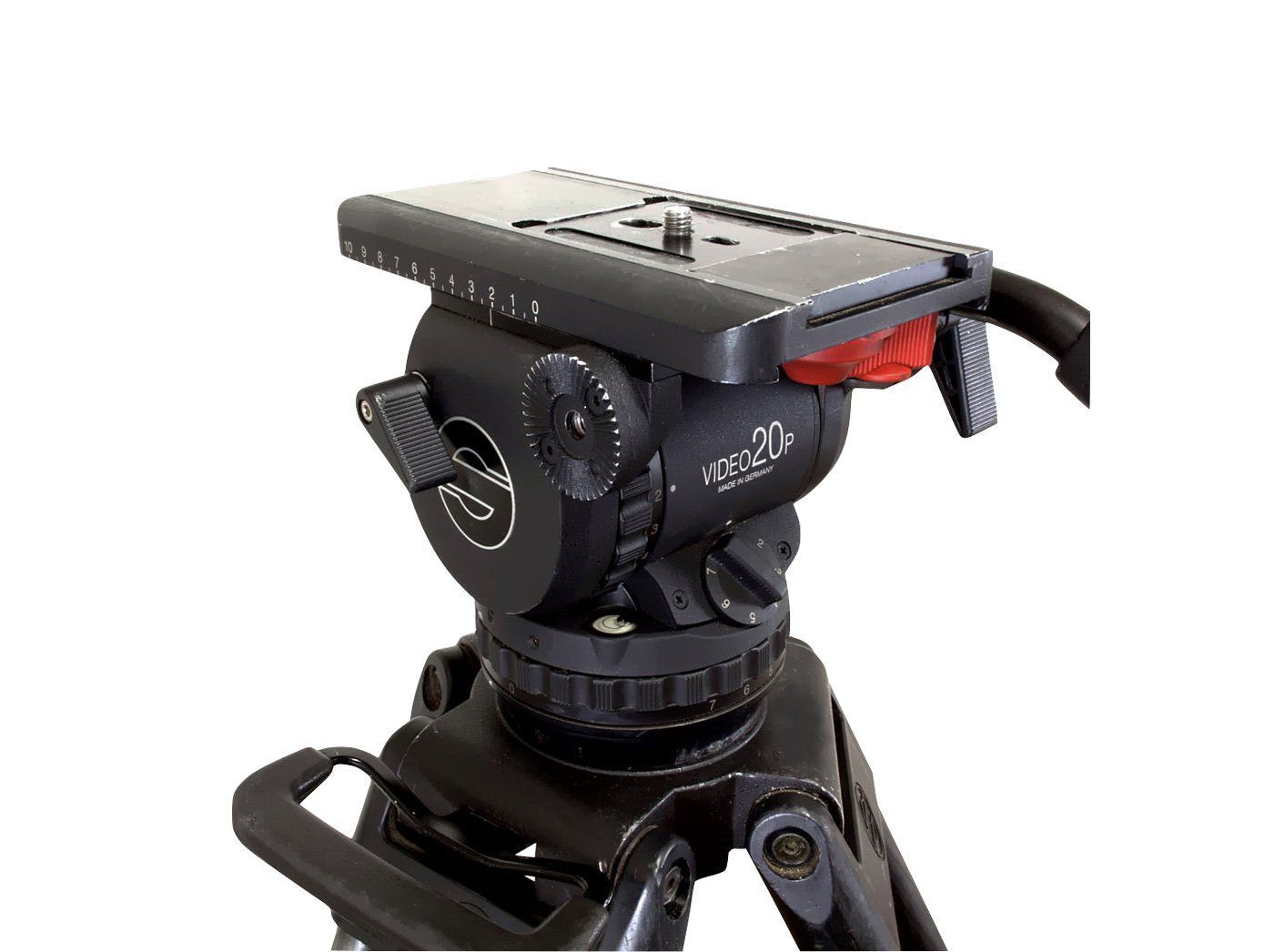 Black video tripod head with quick release plate and level bubble, mounted on legs, against a white background.