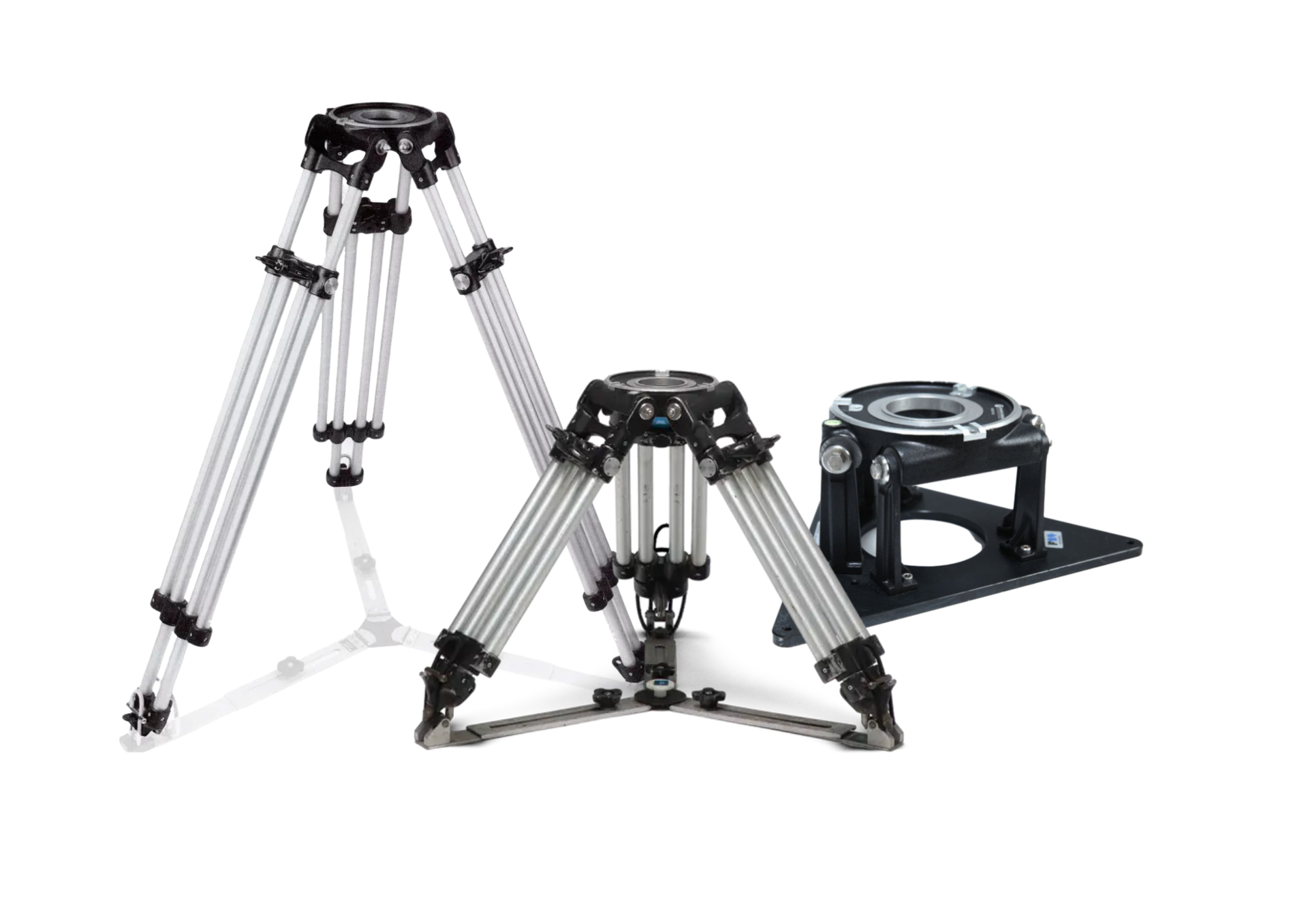 Three aluminum tripods, two extended, one folded, with a black base.