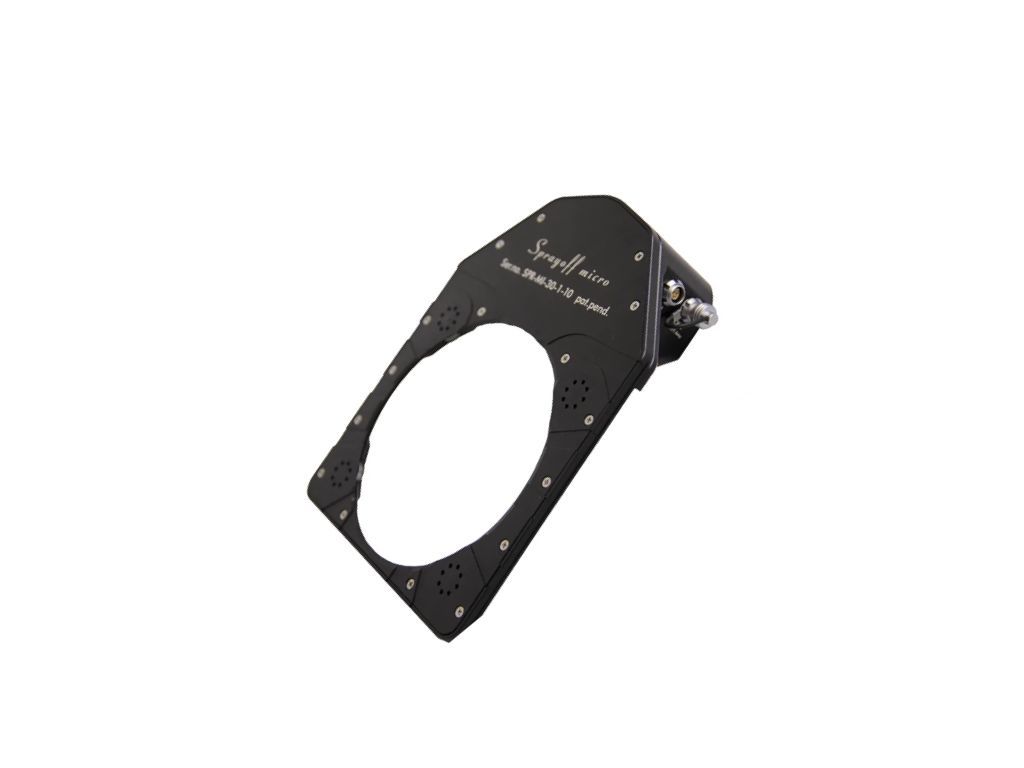 Black metal device with a large oval opening and text, likely for equipment mounting.