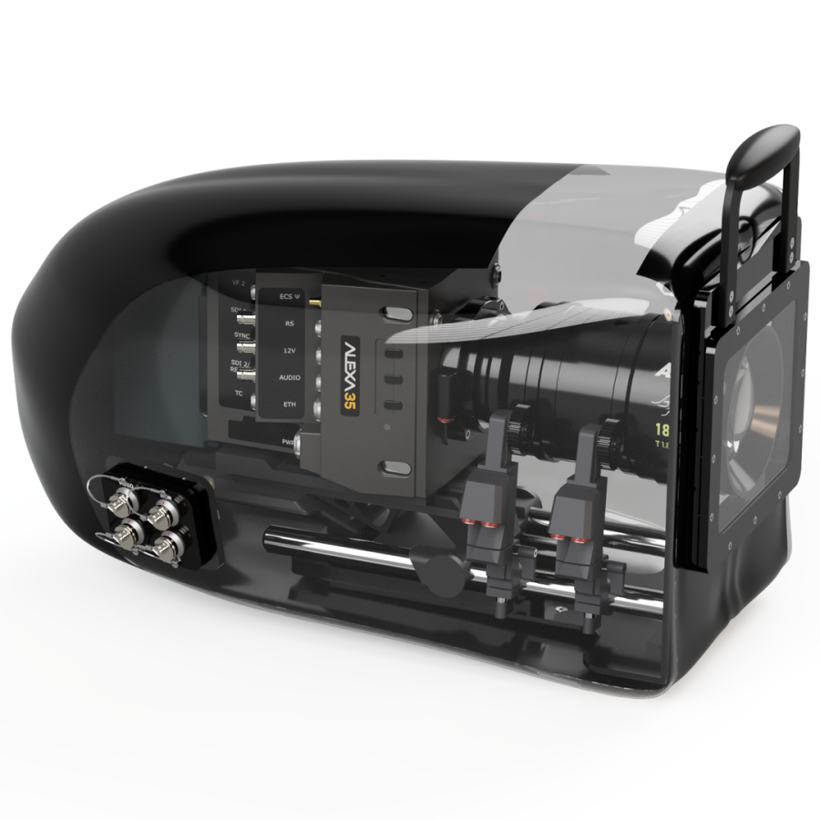 Black and transparent underwater camera housing with internal electronics, viewable. Handle on top.
