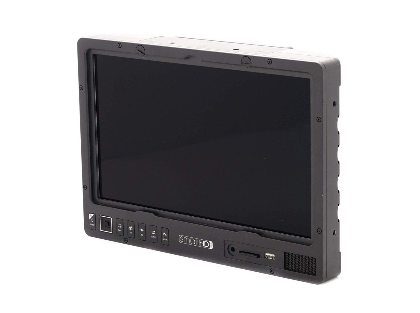 Rugged black monitor with a dark screen, angled slightly.  Buttons and ports visible along the bottom.