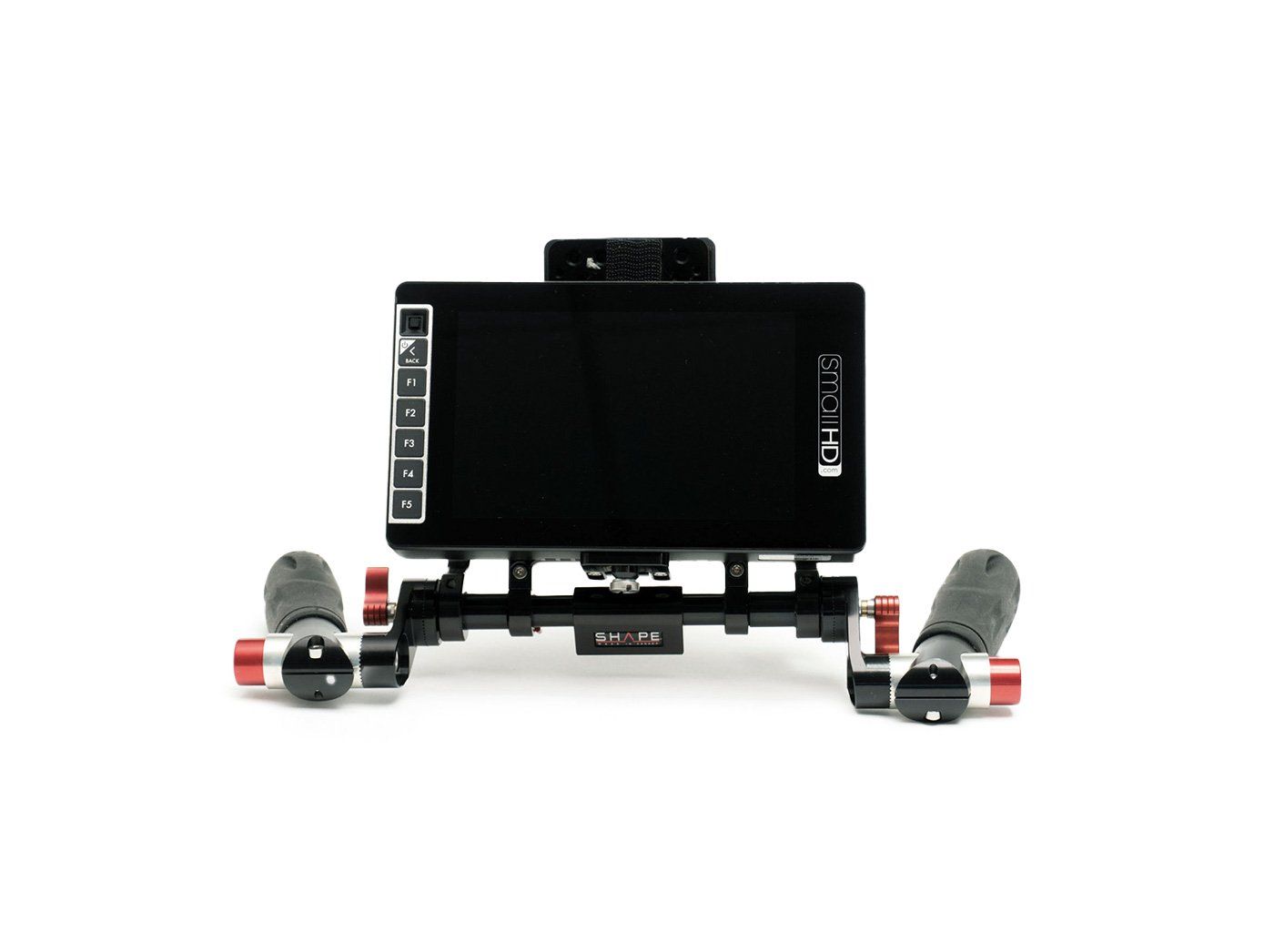 Black camera monitor with handles, mounted on a black rig against a white background.