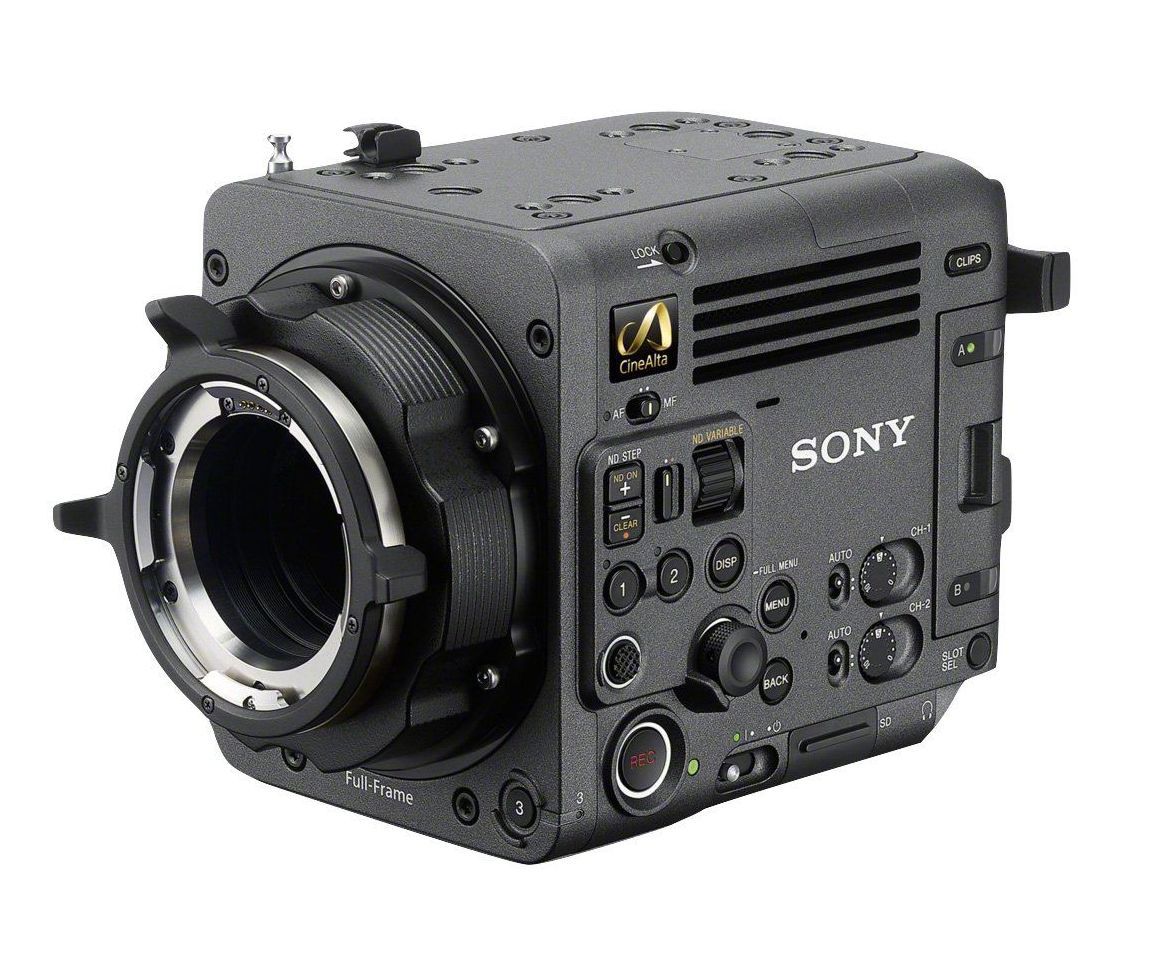Sony professional video camera with lens mount and control buttons.