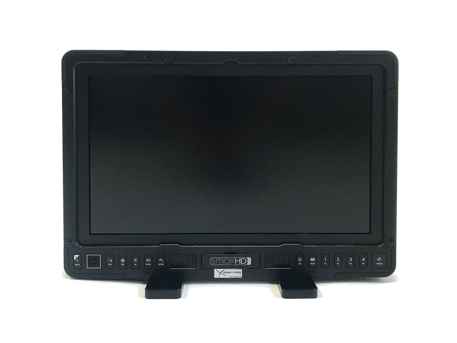 Black video monitor with control buttons and stand.