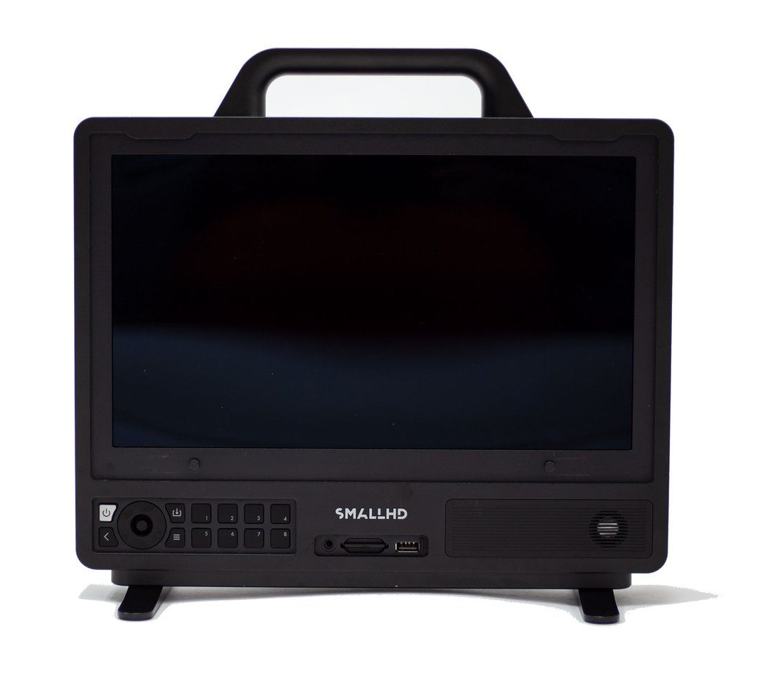 Black video monitor with handle and inputs.