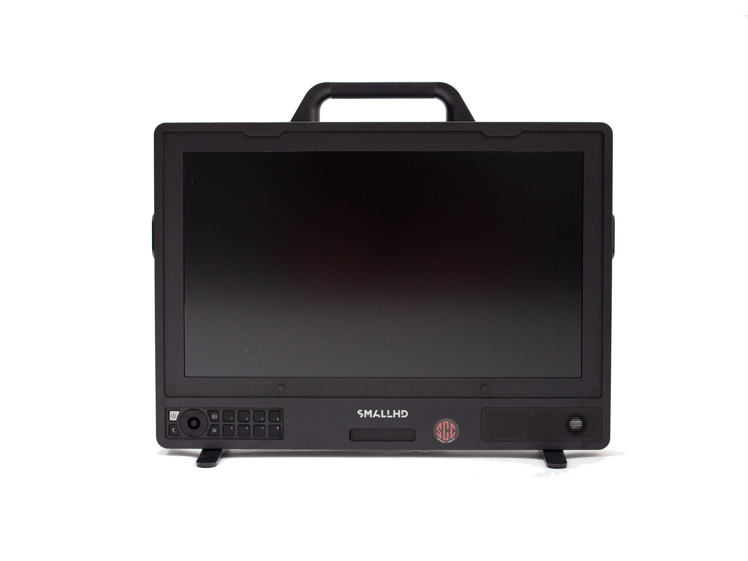 Black field monitor with a built-in handle and stand, displaying a black screen.