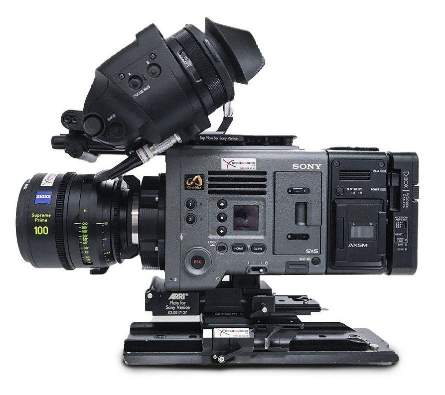 Sony broadcast camera with lens, viewfinder, and mounted on a base. Gray and black.