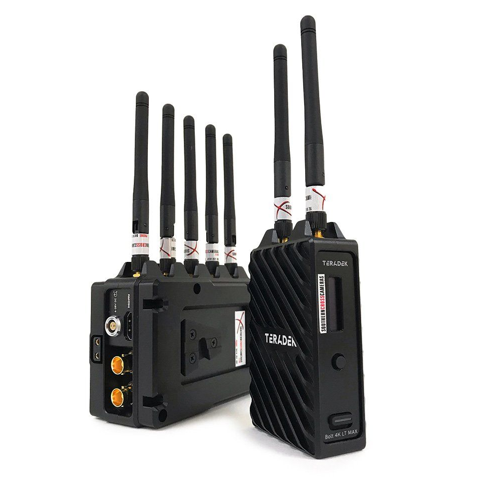 Two black wireless video transmitters with multiple antennas, used for video transmission.