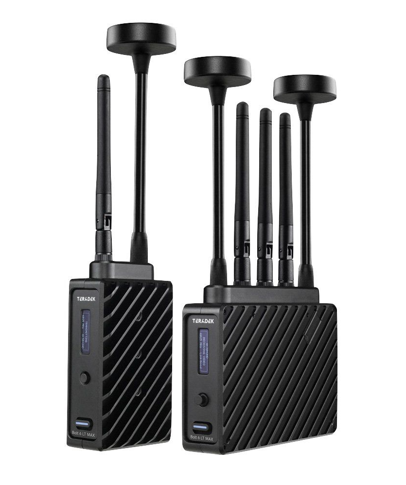 Two black wireless video transmitters with antennas.