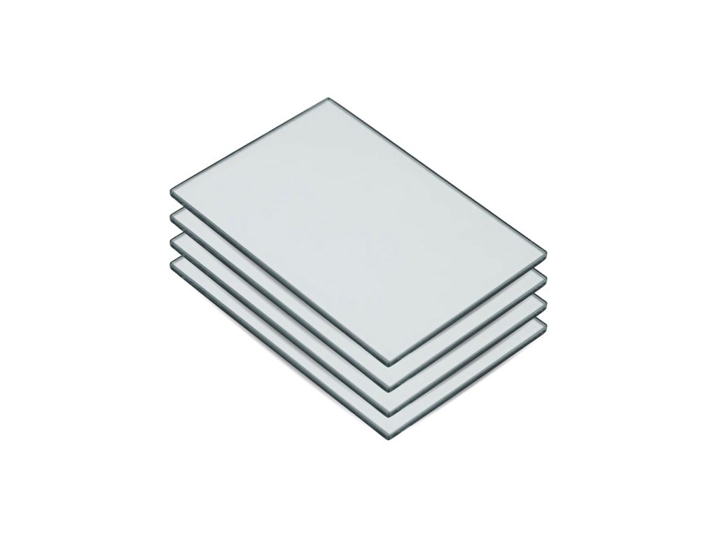 Stack of four light gray rectangular sheets.