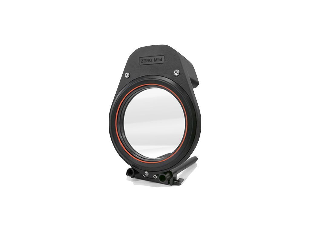 Black and orange camera lens filter holder with a circular filter, mounted on a rail system.